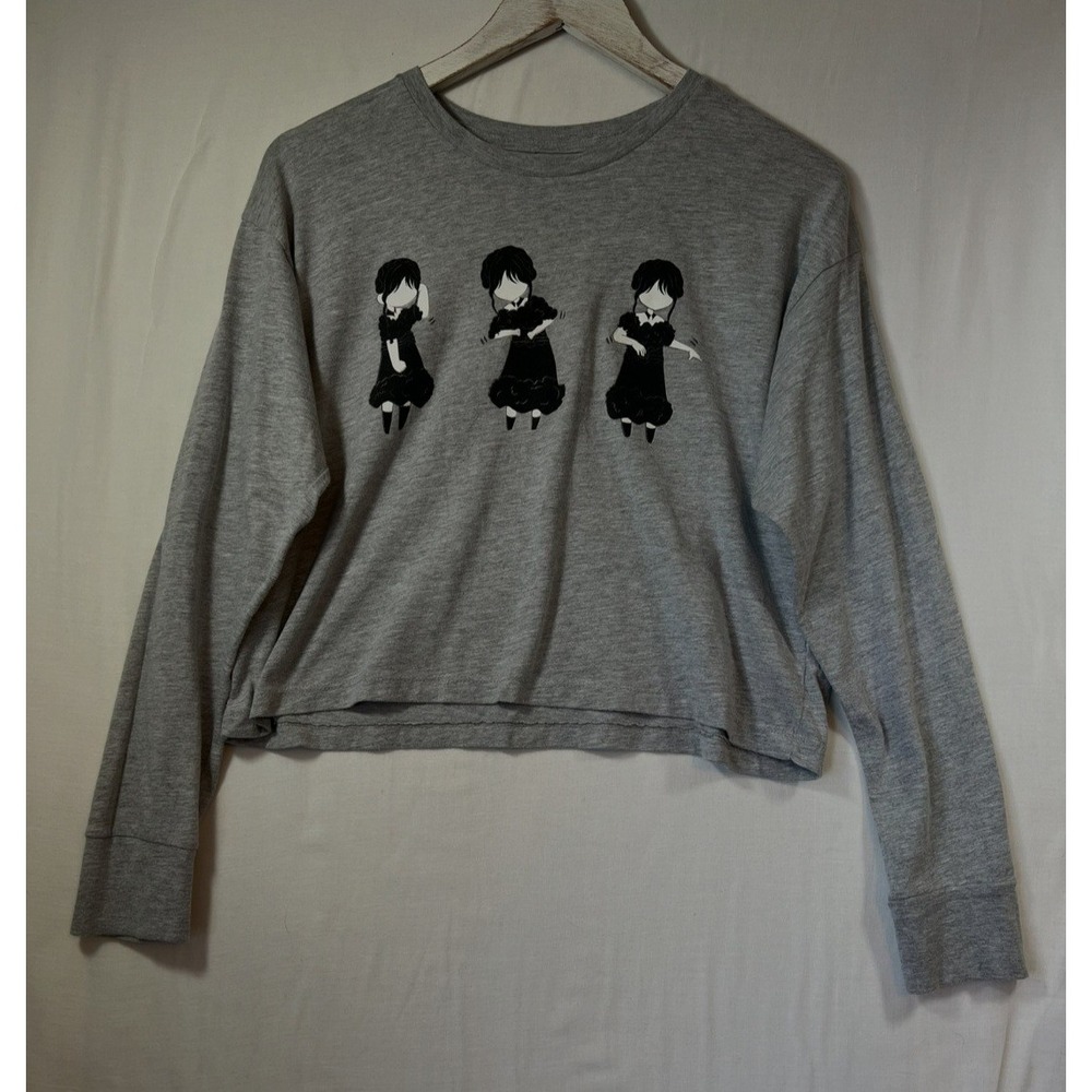 Wednesday‎ Addams Dance Graphic Long Sleeve Crop Top Gray Netflix Series Large